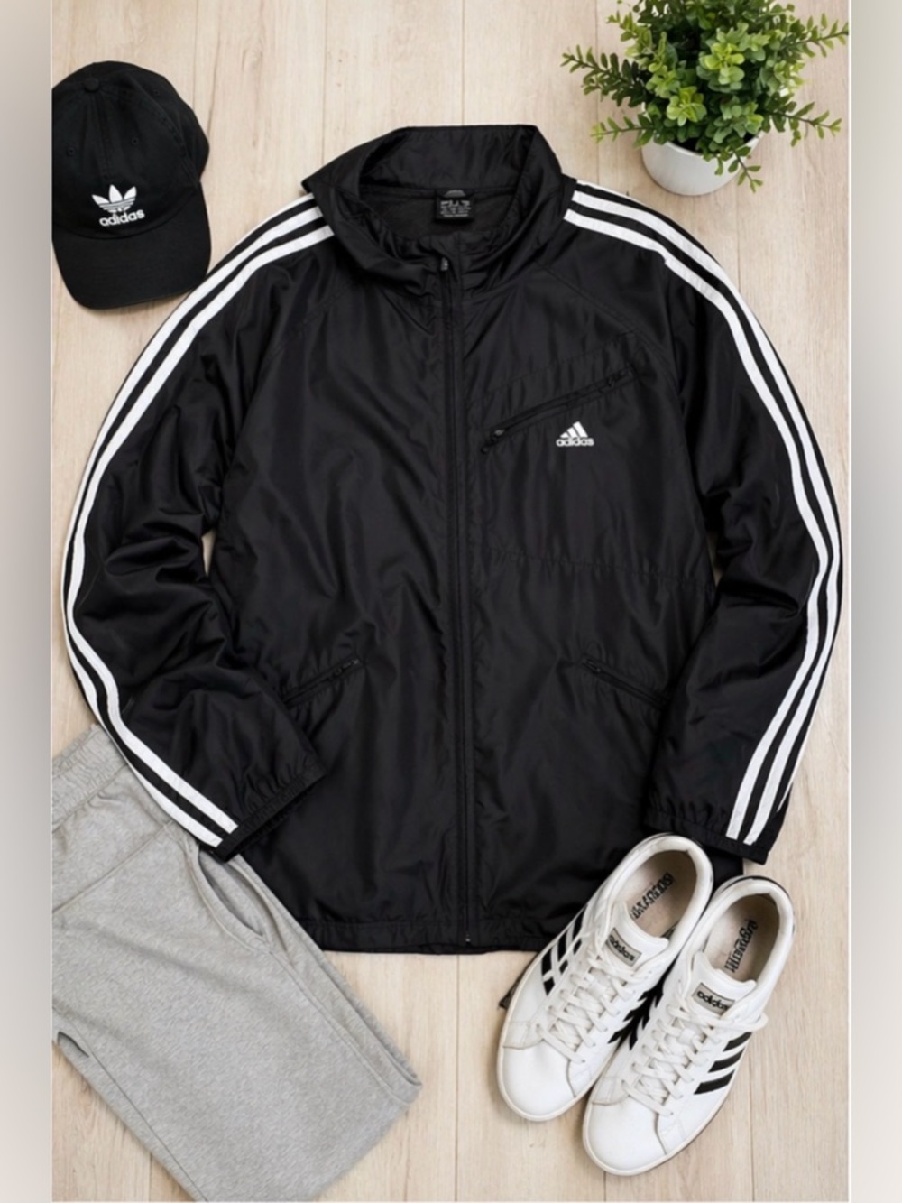 Adidas 3-Stripe Windbreaker Jacket Men’s 2XL Black White Full Zip Athletic